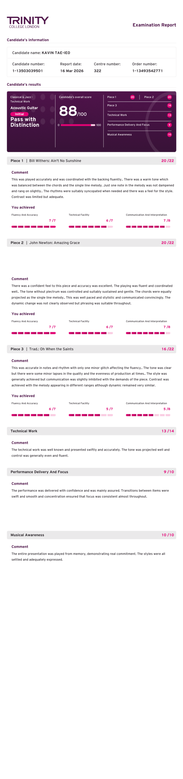 น้องกวิน แท่เอี่ยว สอบ Acoustic Guitar Grade Initial Trinity College London ผ่านระดับ Distinction 88 คะแนน ปี 2025