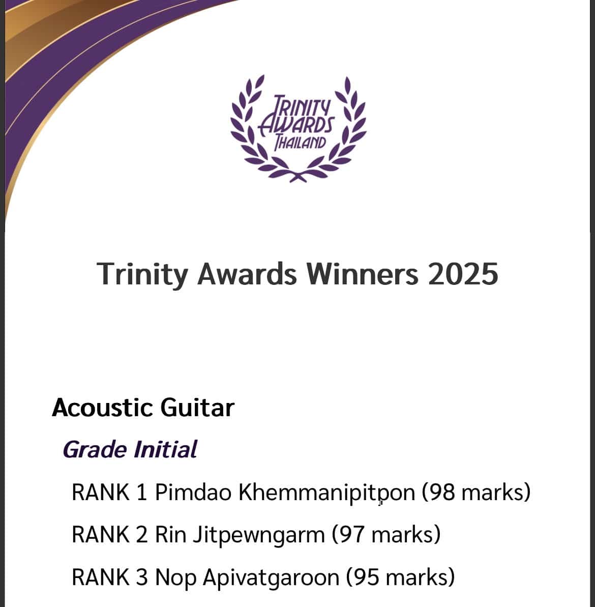 ผลงานนักเรียน ปี 2024-2025 — น้อง Nop Apivatgaroon Thailand's Rank 3 Marks Acoustic Guitar Grade Initial 95 คะแนน Trinity College London
